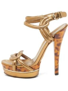 Gucci Metallic Gold Platform Sandals with Tortoiseshell Heel